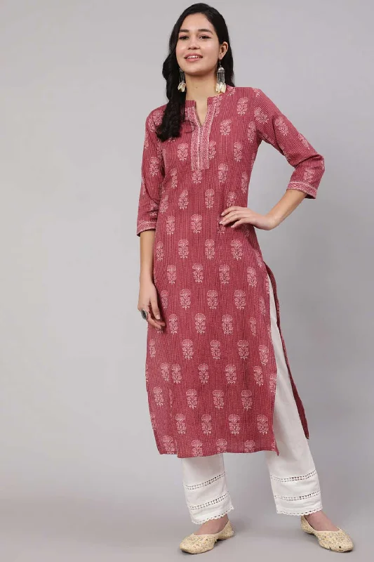 Mauve Cotton Printed Straight Kurta With White Solid Trouser Trousers fashionable chic