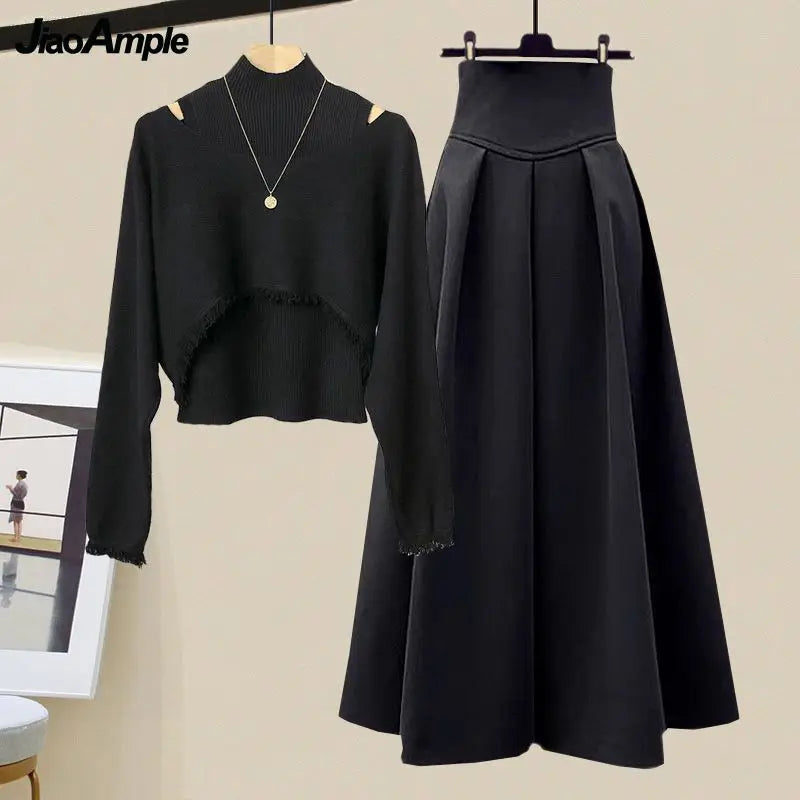 Yipinpay Spring Autumn New Korean Elegant Knit Tassel Cover Up+Half High Collar Bottom Sweater+Midi Skirt 3 Piece Women Dress Suit Handmade Hand-knitted Hand-woven