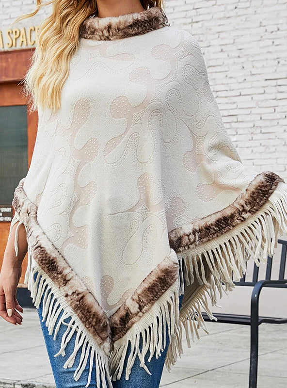 WOMEN CLOAK KNIT FUR COLLAR SHAWL Warm Wool Shawl Cape