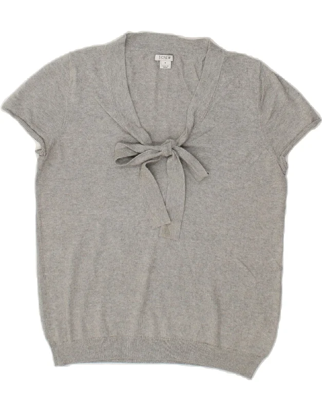 J. CREW Womens Short Sleeve V-Neck Jumper Sweater UK 14 Medium Grey Cotton Solid Print Embellished J. CREW Womens Short Sleeve V-Neck Jumper Sweater UK 14 Medium Grey Cotton Solid Print Embellished