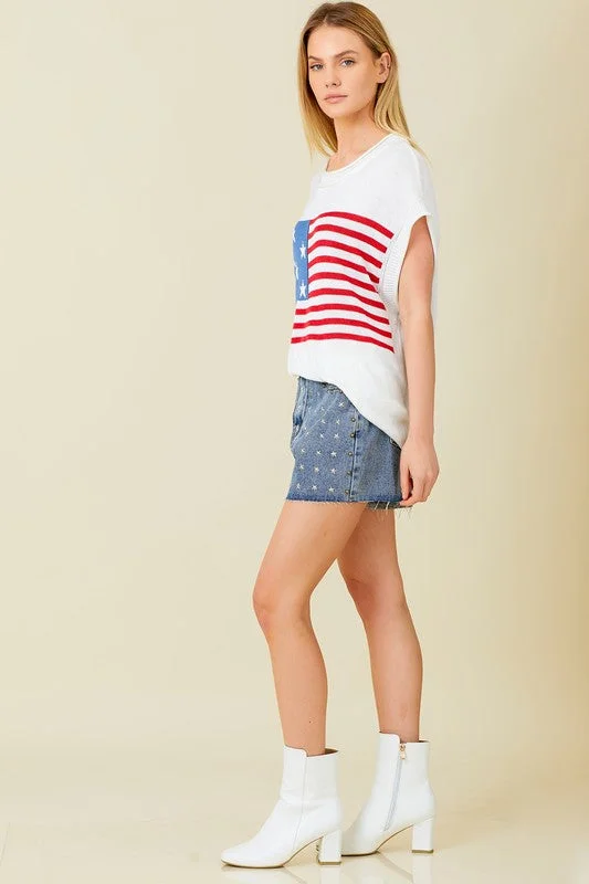 American Flag Sweater Top (White) Bright Pastel Dark