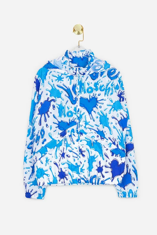 Blue and White Allover Splash Print Hooded Jacket Print Jacket Jacquard Jacket Patchwork Jacket