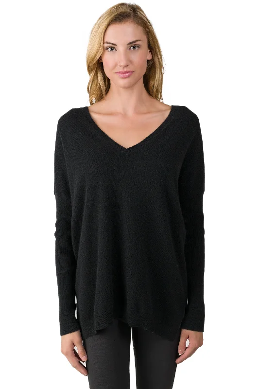 J CASHMERE Women's 100% Cashmere Slouchy Dolman Sleeve Double V Neck Sweater Elasticated Padded Insulated