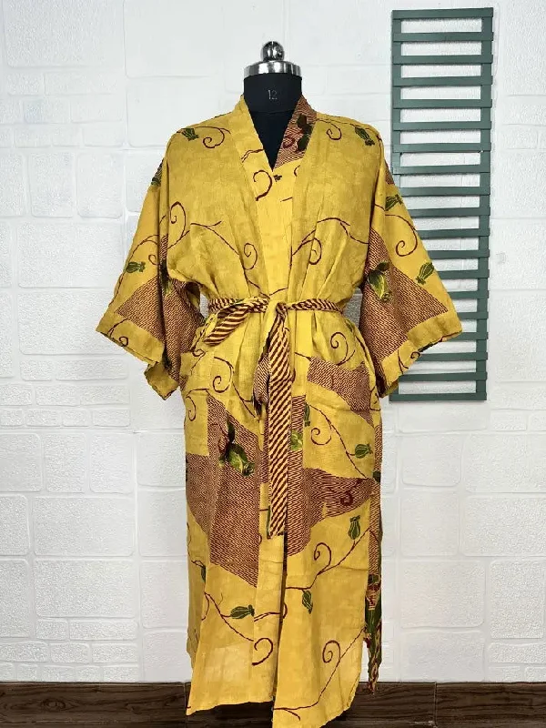 Recycled Pure Cotton Vintage Kimono Open Jacket Boho Summer TieDye House Robe, Beach Coverup | Yellow Brown Floral Style Print Denim Fabric Leather Fabric Suede Fabric