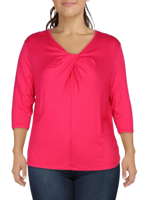 Plus Womens Knot-Front V-Neck Pullover Top Jewel Neck Pullover