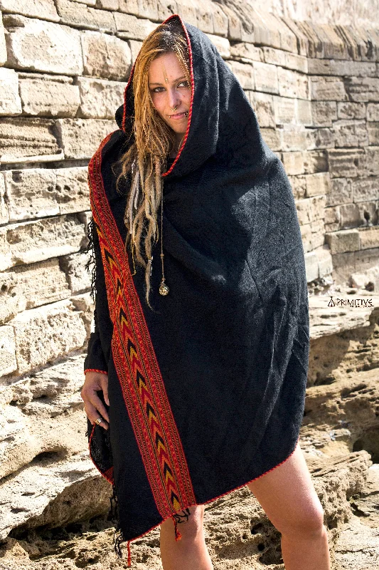 Black Wool Shawl with Tribal Pattern ~ Cozy Chunky Knit Shawl