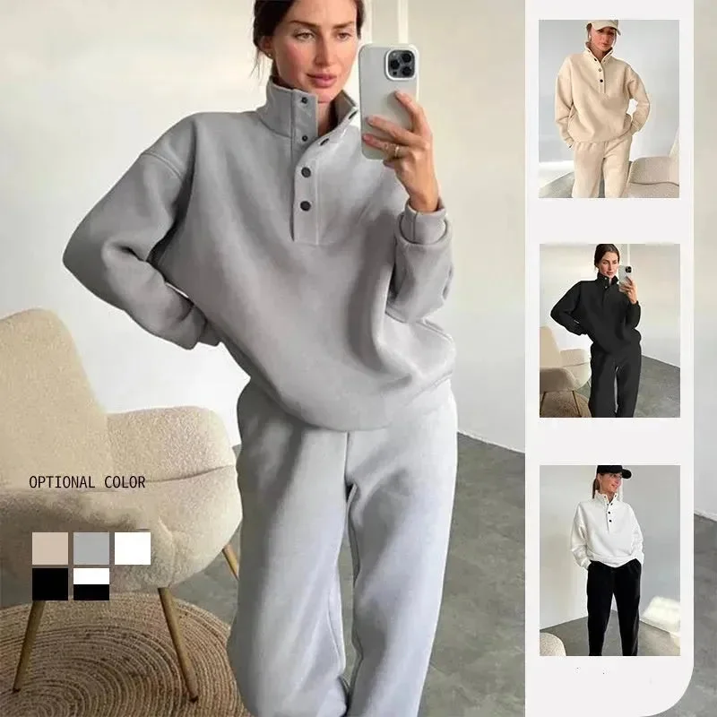 Oversized Solid Casual Pullovers Long Pant Set Warm Hoodie New Tracksuit Suit Fashion Pant Sets Sets For Women 2 Pieces joggers for women Wide Sleeve Pullover