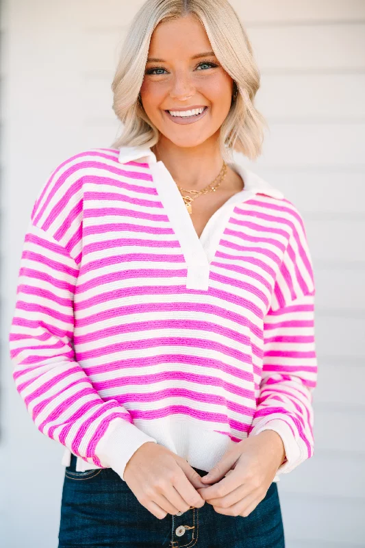 Looking At You Pink Striped Sweater Collared Crew Neck Turtle Neck