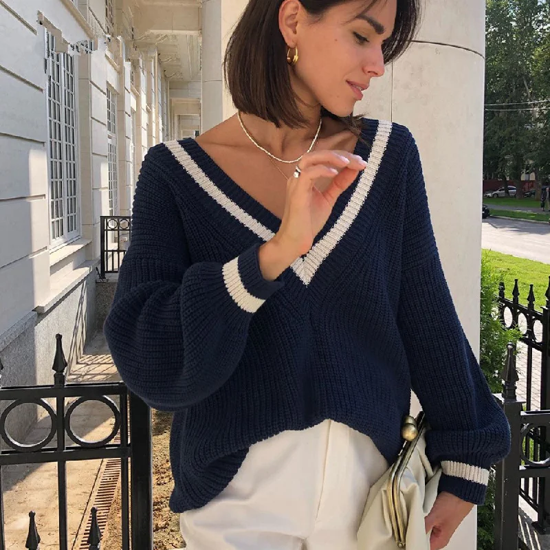 2 Pieces Women Casual Stitching Color Loose V-Neck Long-Sleeved Knitted Sweater Chenille Brocade Lace