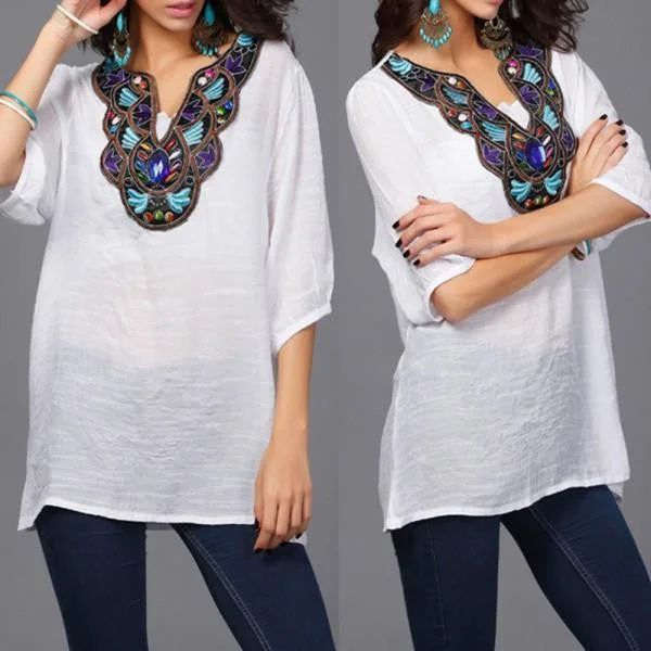 Women Ethnic Embroidery Long Tops Blouse 3/4 Sleeve Pullover Shirt Ruffle Sleeve Feminine