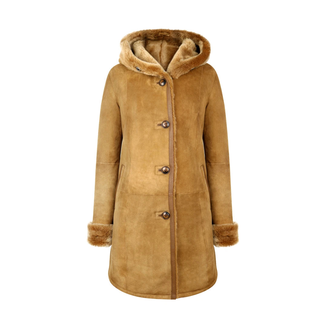 Women's Sheepskin Jacket 3/4 Long Hood Merino Fur Button Camel Tan Snapped Jacket Toggled Jacket Drawstring Jacket