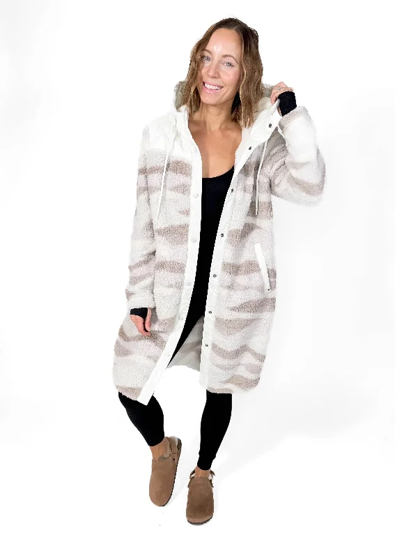 Ainsley Long Full Zip Hooded Sherpa Jacket- WHITE ONYX Jersey Jacket Tulle Jacket Batik Jacket