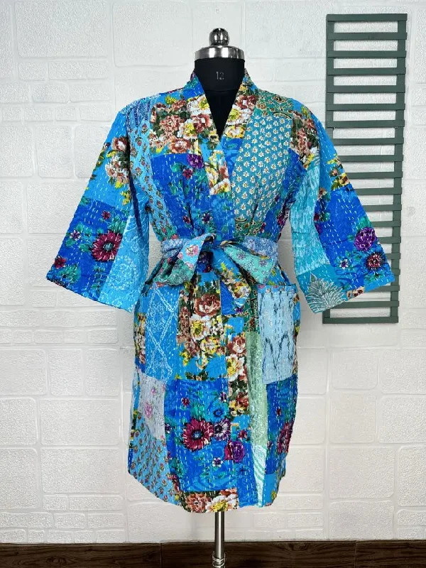 Kantha Pure Cotton Reversible Short Kimono Women Jacket Floral Print Blue Yellow Collared Jacket Crew Neck Jacket Turtle Neck Jacket