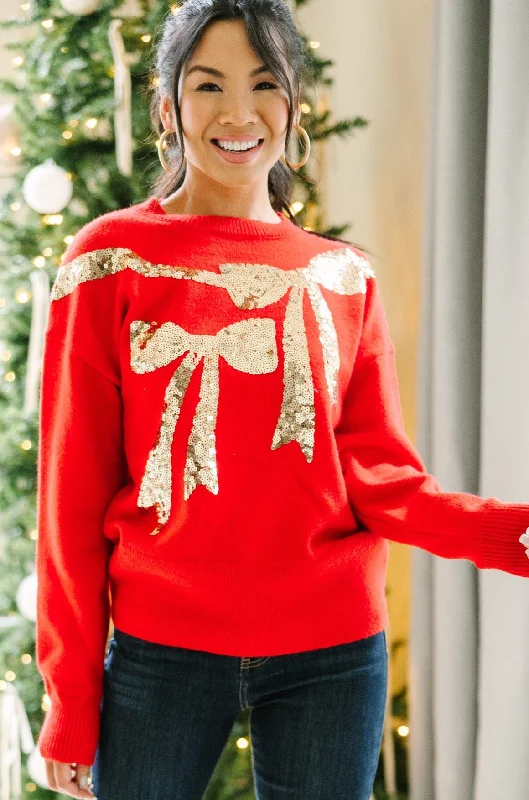 Feeling Present Red Sequin Bow Sweater Velvet Chenille Corduroy