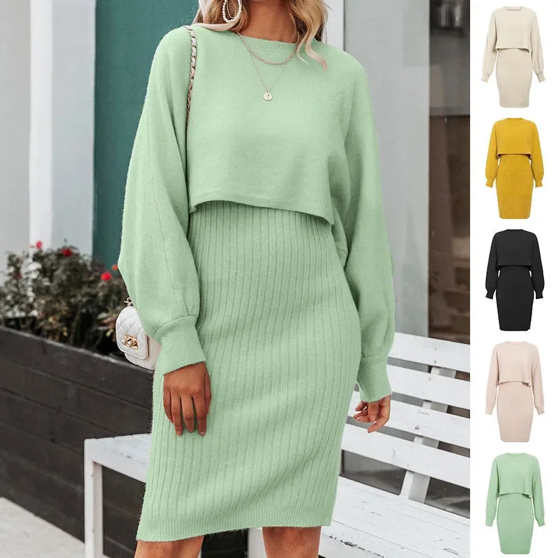 Women 2pcs Winter Outfit Cashmere dress Cropped Pullover top Crew Neck Wool