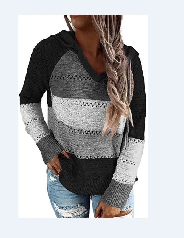 Women Casual Loose V-Neck Hollow Pullover Stripe Hooded Knitted Sweater Spandex Rayon Corduroy