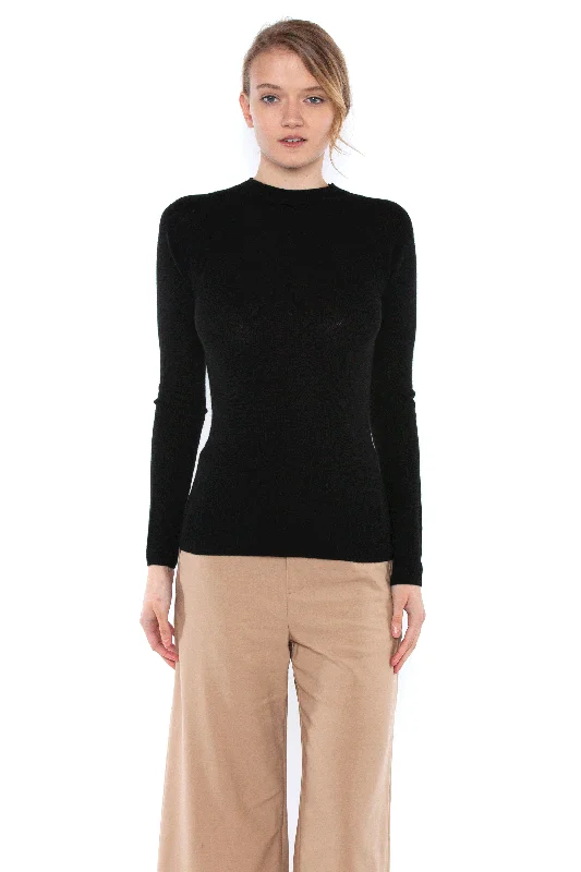 JENNIE LIU Tissue Weight 55% Silk 45% Cashmere Waffle-Knit Long Sleeve Mock Neck Sweater Casual Formal Business