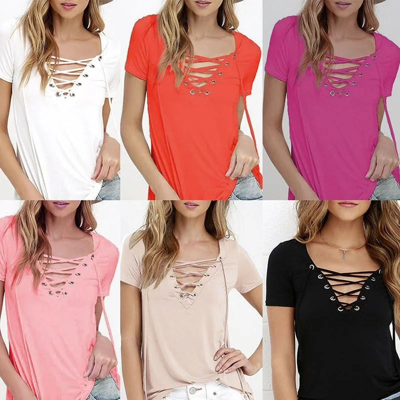 Fashion Women V Neck Loose Pullover T Shirt Short Sleeve Tops Ruffle Sleeve Feminine