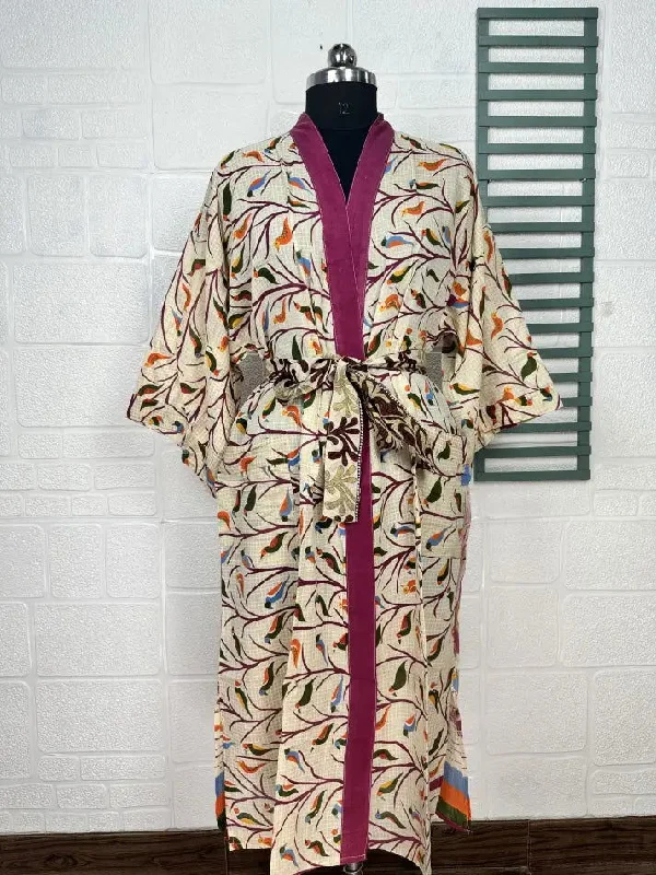 Recycled Pure Cotton Vintage Kimono Open Jacket Boho Summer TieDye House Robe, Beach Coverup | Beige Purple Bird Style Print Herringbone Jacket Houndstooth Jacket Plaid Jacket