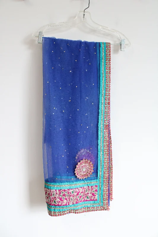 Beaded Sequined Blue Tulle Indian Style Shawl Trendy Knitted Shawl Wrap