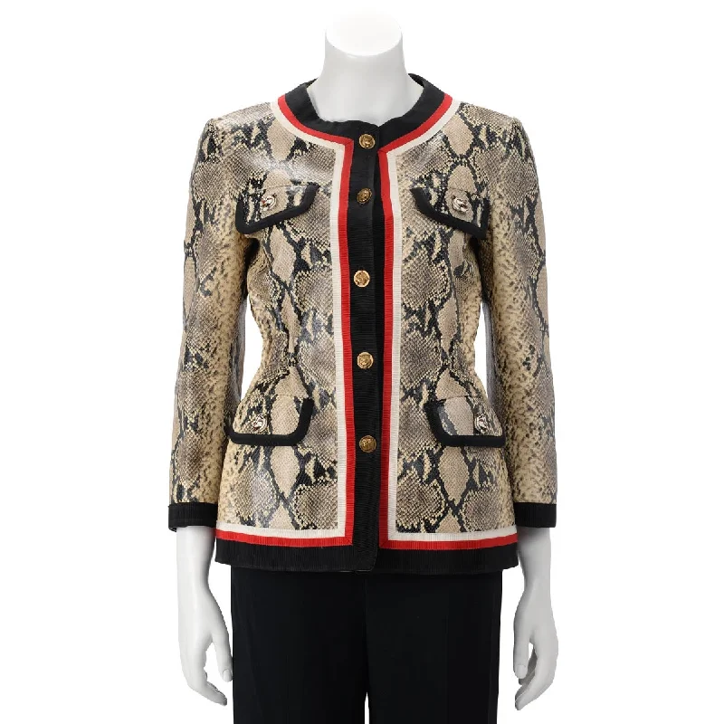 Gucci Beige Snake Effect Leather Web Trim Jacket IT 36 Notch Collar Peter Pan Collar Cowl Neck