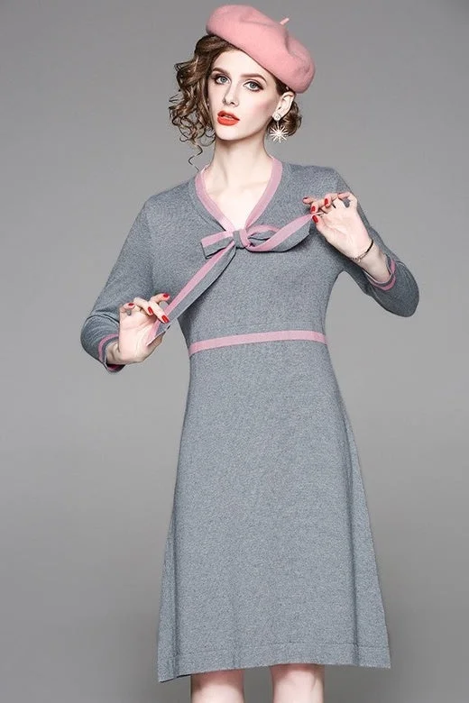 V Neck Sweater Dress W/ Tie Mesh Sweater Canvas Denim