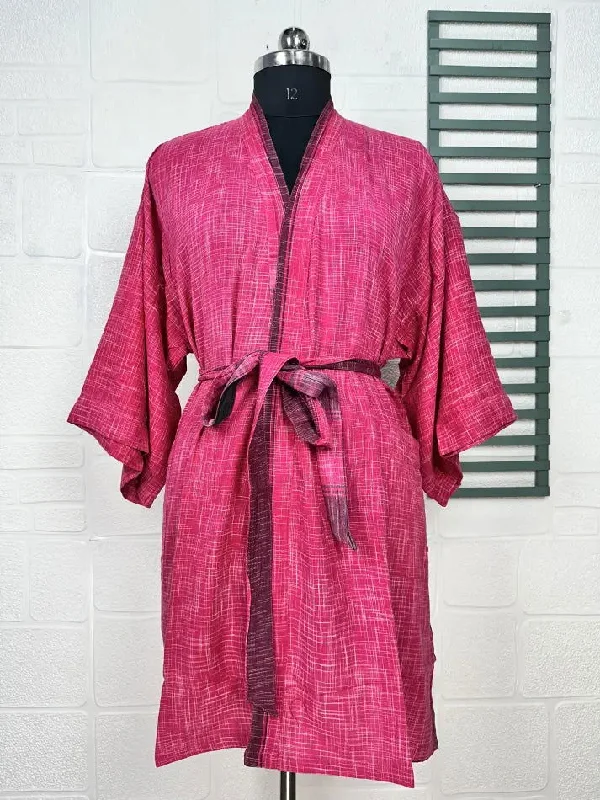 Recycled Pure Cotton Vintage Kimono Open Jacket Boho Summer TieDye House Robe, Beach Coverup | Pink Purple Check Style Print Wool Fabric Cashmere Fabric Tweed Fabric