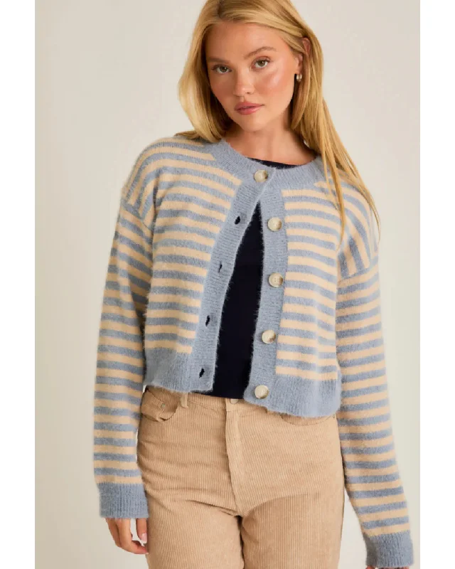 Corine Cropped Sweater Cardigan Blue Cream Stripe Knit Fabric Woven Fabric Fleece Fabric