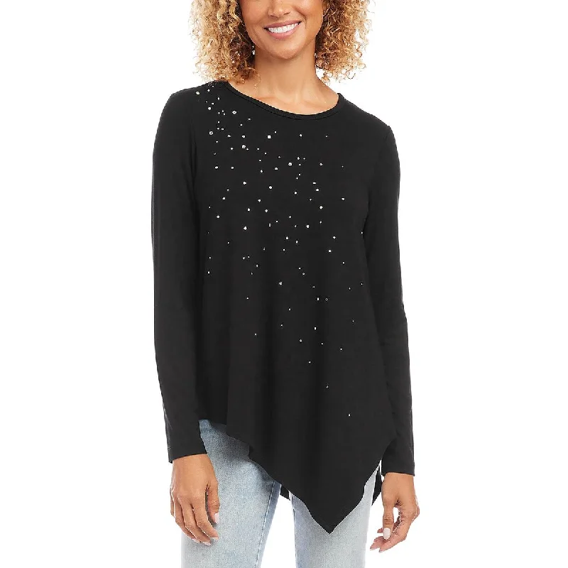 Womens Embellished Asymmetric Pullover Top Ruffle Sleeve Feminine