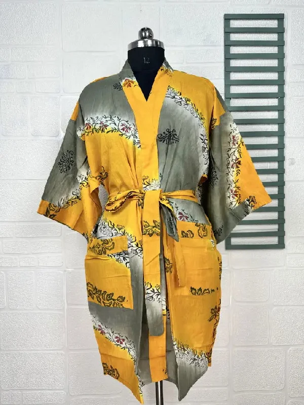 Recycled Pure Cotton Vintage Kimono Open Jacket Boho Summer TieDye House Robe, Beach Coverup | Yellow Grey Floral Style Print Knit Jacket Woven Jacket Fleece Jacket