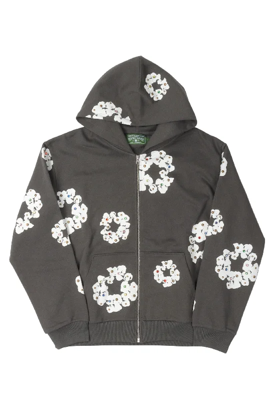 Rhinestone Cotton Wreath Zip Hoodie Hoodie with Double Zipper Versatile Adjustable