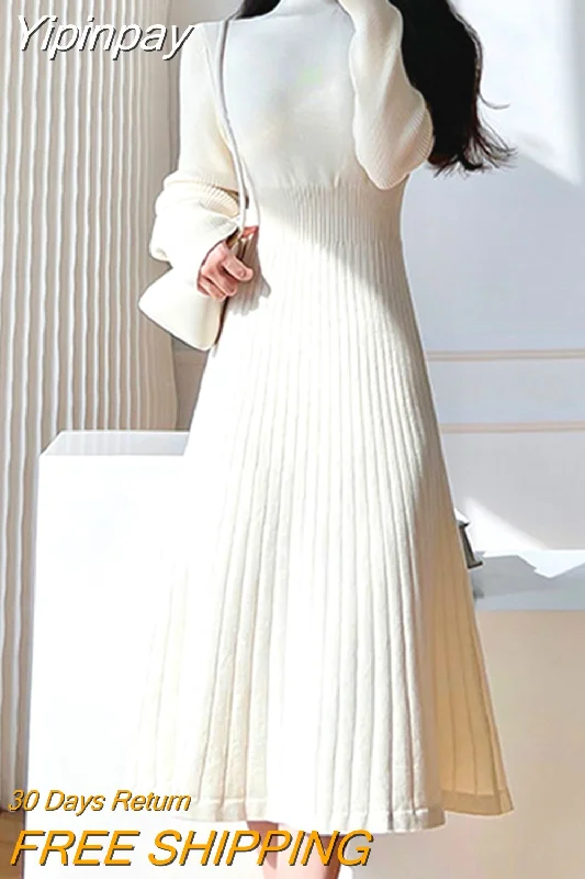 Yipinpay Fashion Midi Knitted Dress Women Elegant Chic Half High Collar Sweater Dress Autumn Warm Casual Slim Y2k Party Dress 2023 Sequined Glittery Shiny