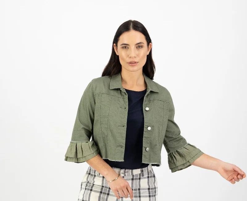 VASSALLI Jacket Cropped With frill Sleeve Oversized Jacket Tailored Jacket Straight Jacket