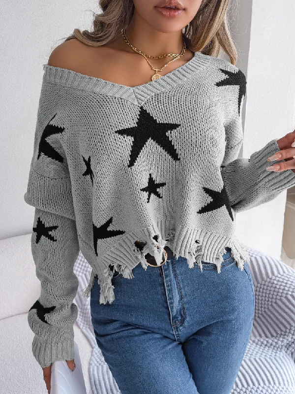 Women Fashion Casual V-Neck Star Hole Long Sleeve Knitted Sweater Satin Fabric Silk Fabric Chiffon Fabric