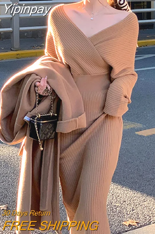 Yipinpay Elegant Long Knitting Dress Women Autumn Sexy Off Shoulder Chic Y2k Dress 2023 Vintage Casual Evening Party Sweater Dress Herringbone Houndstooth Plaid