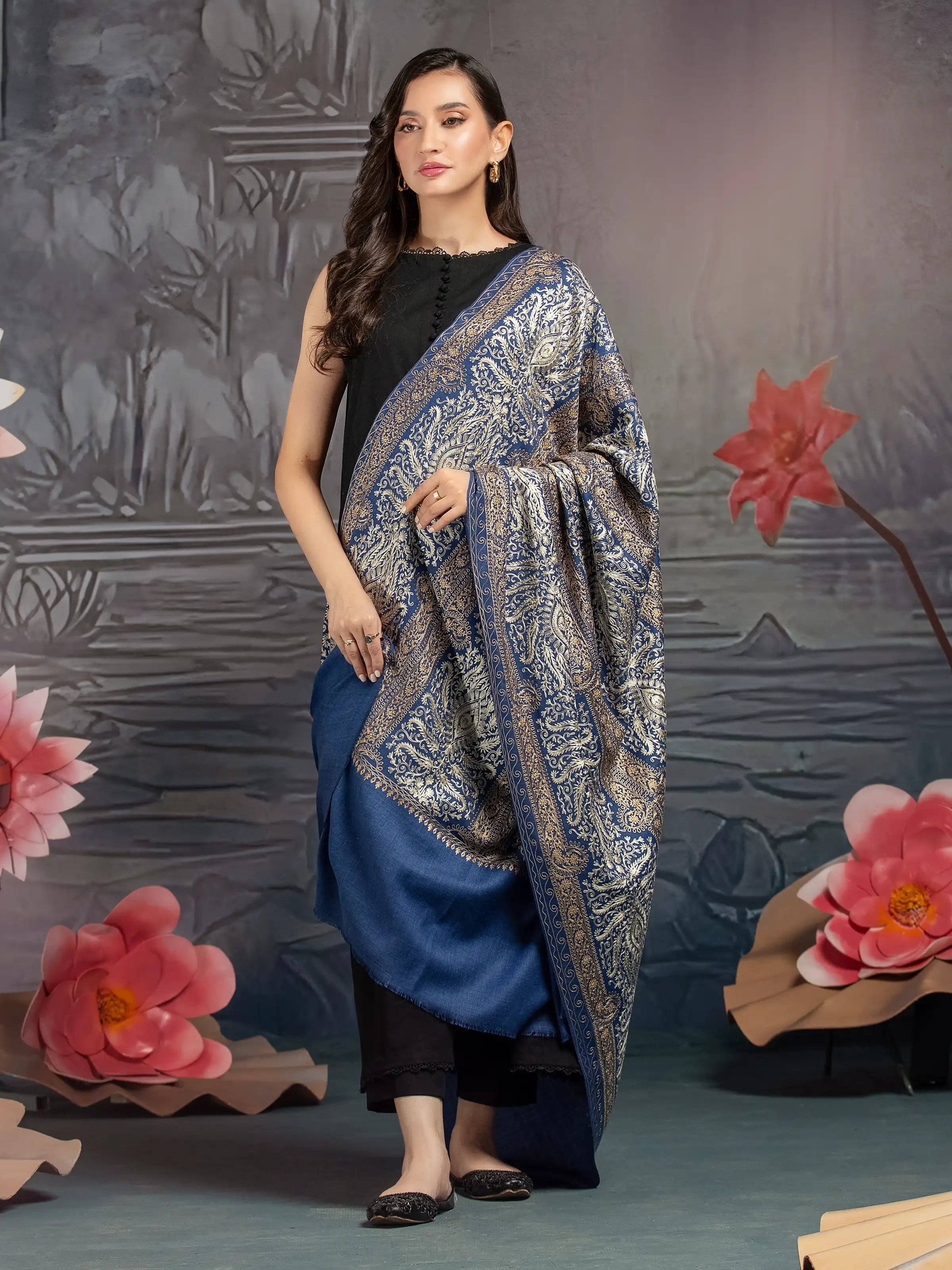 Embroidered Pashmina Jacquard Zari Shawl - EWMSE5-001 Soft Pashmina Shawl Wrap