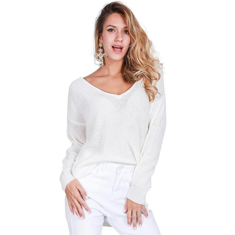 v neck split knitted sweater Women black long sleeve pullovers knitwear white jumper pull Asymmetrical Hem Sweater