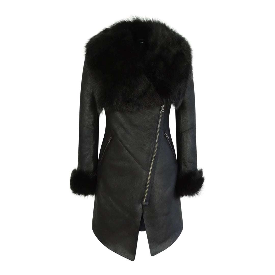 Women's 3/4 Cross Zip Toscana Sheepskin Jacket Black Italian Leather Faux Fur Jacket Real Fur Jacket Shearling Jacket