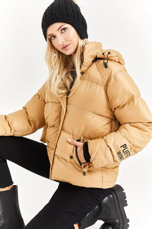 Women's Mink Hooded Print Detail Down Jacket Fitted Jacket Loose Jacket Oversized Jacket