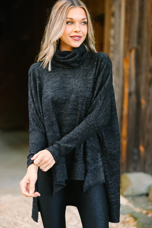 Feeling So Chipper Charcoal Gray Cowl Neck Sweater Herringbone Houndstooth Plaid