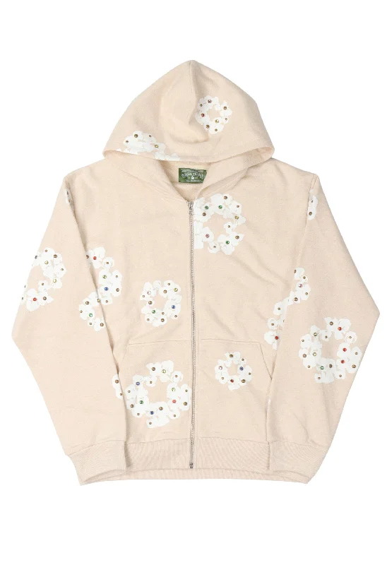 Rhinestone Cotton Wreath Zip Hoodie Hoodie with Half-Zip Sporty Casual