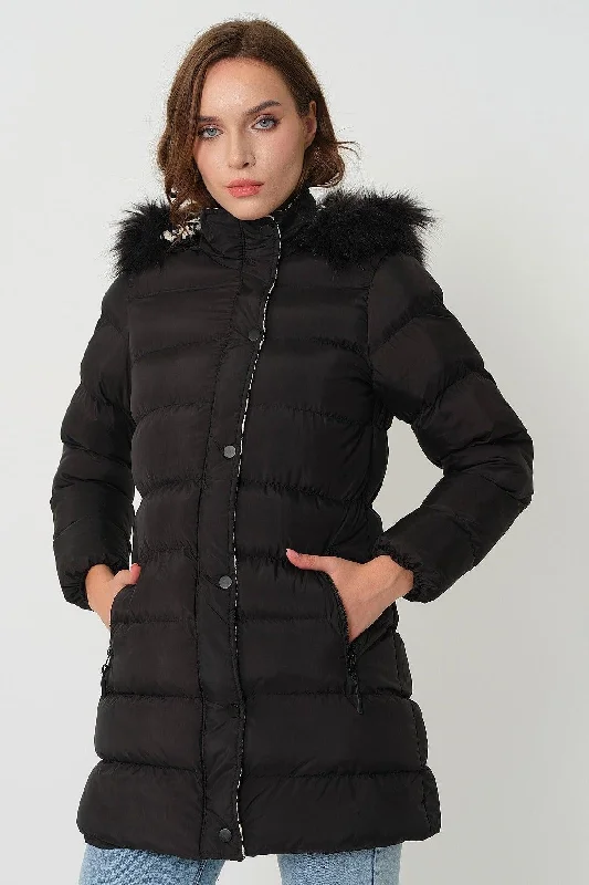 Women's Black White Fur Hooded Down Jacket Trench Coat Raincoat Waterproof Jacket