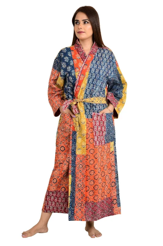 Kantha Stitch 100% Cotton Reversible Long Kimono Women Jacket | Handmade Stitch Robe | Unisex Gift | Red Orange Yellow Ajrakh Print V-Neck Jacket Boat Neck Jacket Square Neck Jacket