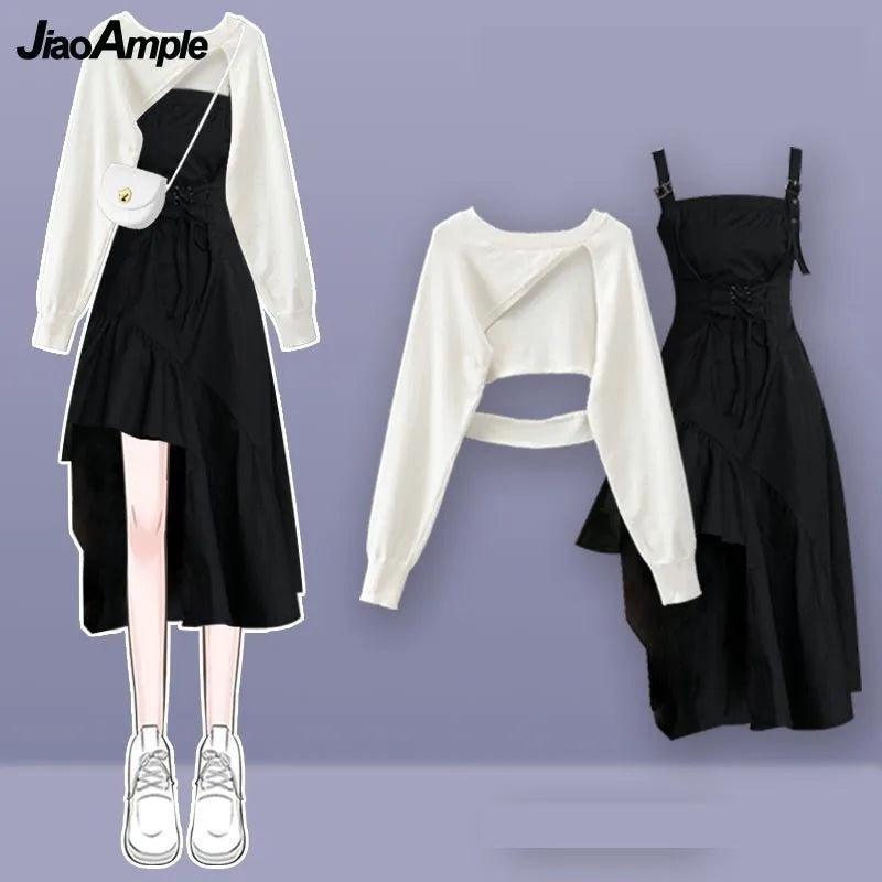 Yipinpay Women's fashion cut-out sweater+suspender Skirt two-piece set Korean Elegant New in Matching Set 2024 Spring Summer Dress Suit Stretchy Elastic Breathable