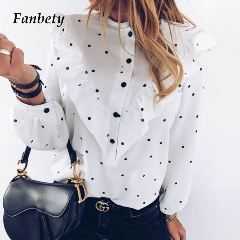 Women 2020 Spring Polka Dot Ruffle Blouse Shirt Elegant Casual O Neck Buttons Pullover Blusa Lady Autumn Long Sleeve Tops blusa Cable Knit Chunky