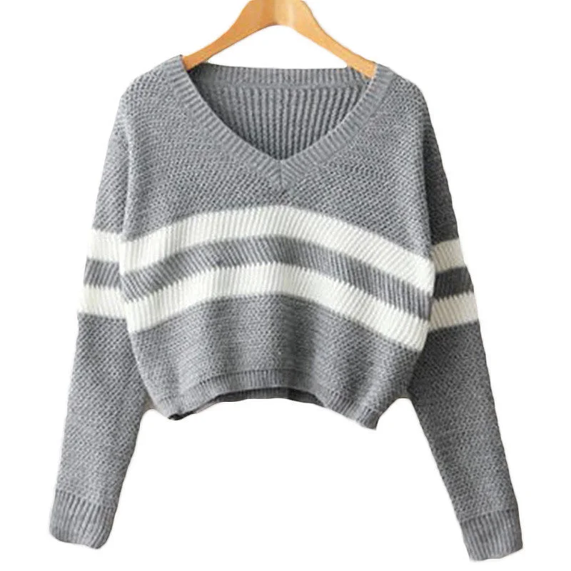 4 Colors Women Sweaters Pullovers V-neck Crop Tops Striped Long Sleeve Knitted Sweater Seamless Knit Pullover