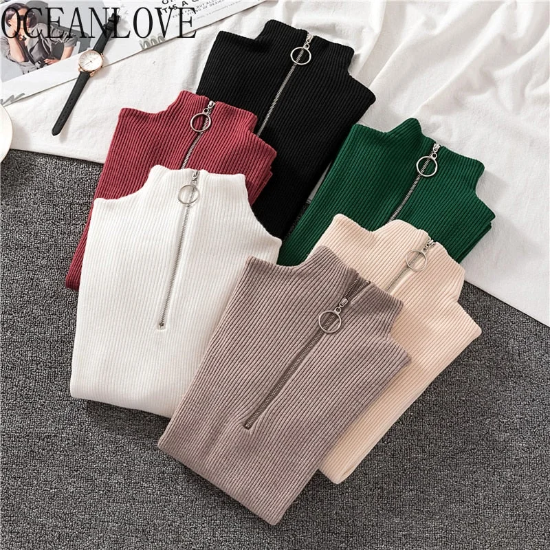 OCEANLOVE Zipper Half Turtleneck Sweater Women Solid Slim Autumn Winter Clothes 2020 Sueter Mujer Basic Fashion Pullovers 12605 Deep Neck Pullover