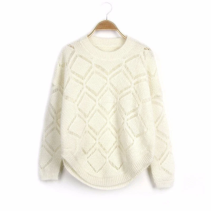 Women's Loose Knit Geometric Pullover Port Neck Pullover