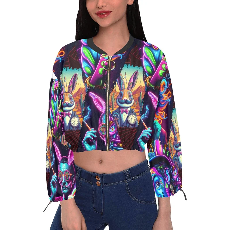 “Psychedelic Toking Salvadore Dali Rabbit Man” Women's Chiffon Long Sleeve Crop Top Jacket Satin Jacket Silk Jacket Chiffon Jacket