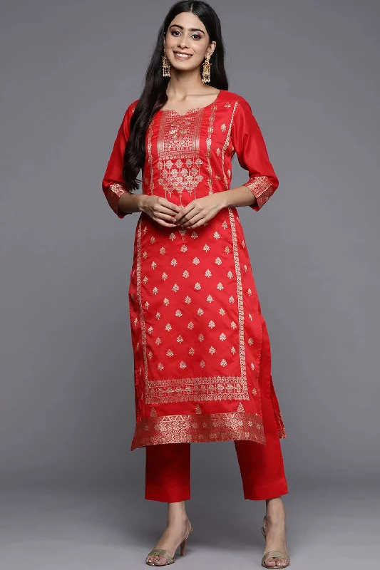 Red Ethnic Motifs Jacquard Kurta With Trousers Trousers Recommended Stylist